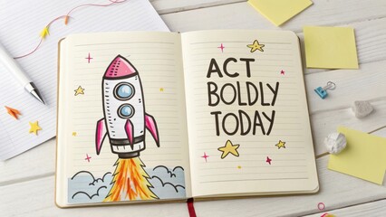 Creative notebook with doodle of rocket and motivational quote encouraging action for personal growth and exploration