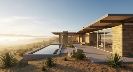 Architectural mid century modern home with infinity pool in golden desert at sunrise