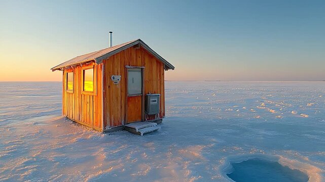 Cozy Ice Fishing Hut on a Frozen Lake at Sunset.
