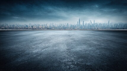 An empty parking lot with a city skyline in the background.