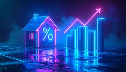An illuminated icon of a house enclosing a percentage mark, held aloft by a hand, with dynamic blue arrows and growing bar graphs encircling it, signifying the surge in home loan interest.