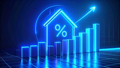 An illuminated icon of a house enclosing a percentage mark, held aloft by a hand, with dynamic blue arrows and growing bar graphs encircling it, signifying the surge in home loan interest.
