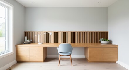 Fototapeta premium Modern home office interior with light wood desk, blue chair, and slatted wall panel