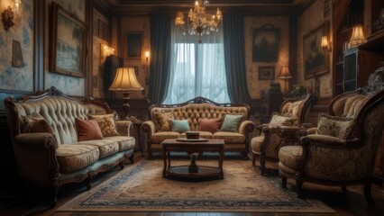 Luxurious Victorian Living Room with Ornate Furniture and Elegant Decor.