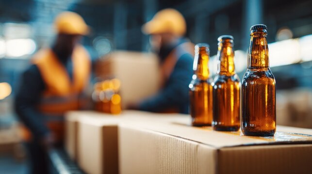 Four beer bottles on a conveyor belt in a warehouse with workers in the background. - Powered by Adobe