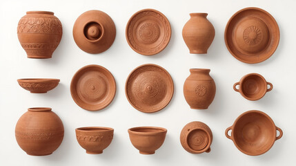 Fototapeta premium Traditional Terracotta Pottery Collection with Geometric & Circular Patterns — Individual Items on White Background — Professional Studio Shot