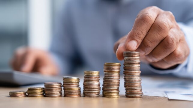 A man stacking coins on a table with a calculator in the background.