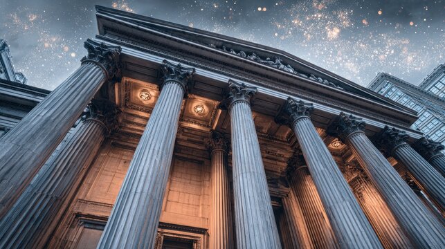 The grand, classical architecture of a historic building with columns and ornate details against a starry sky.