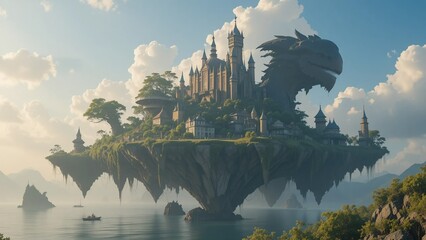 A surreal floating archipelago shaped like legendary animals