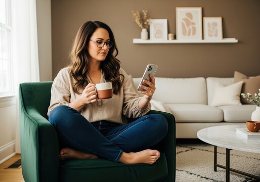 Woman with glasses relaxing in green armchair, drinking coffee and using smartphone at home - Powered by Adobe