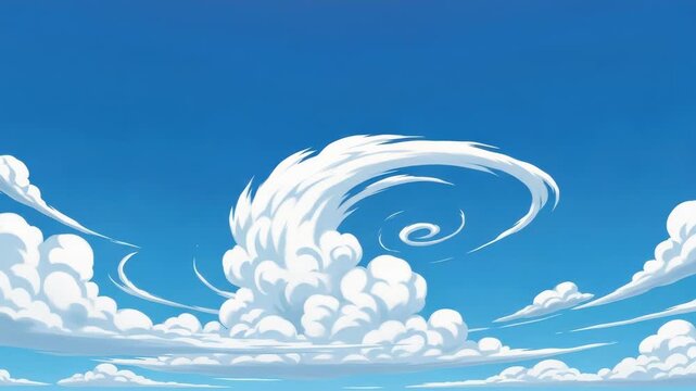 blue sky dominates filled with dynamically stylized white clouds A towering cumulus cloud takes center topped with dramatic swirl Smaller wispy clouds stretch across above calm ocean horizon