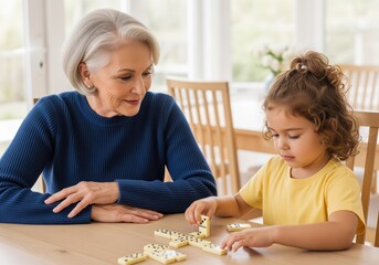 Intergenerational bonding, senior woman and young girl playing dominoes at a bright table