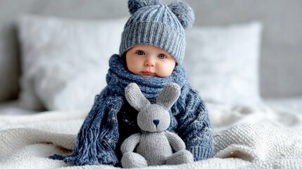 A baby in a blue hat and scarf with a toy rabbit on a white blanket.