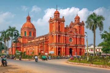 Ornate, red brick church with multiple towers, dome, and a bustling street scene