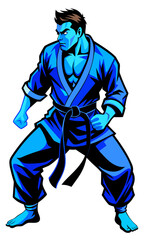 Fototapeta premium Male martial fighter in blue gi looking behind in combat stance silhouette vector black on white background