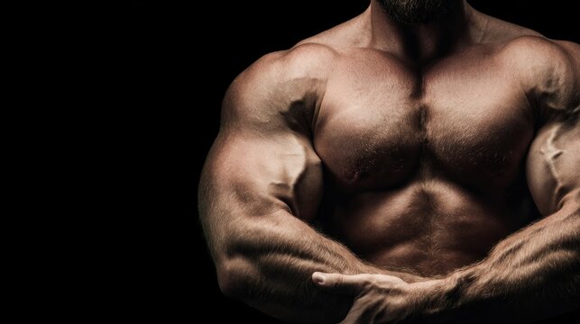 A muscular man with a beard, shirtless, flexing his biceps against a black background.