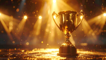 Golden Trophy of Triumph: Illuminated by radiant spotlights, a glistening golden trophy stands as a beacon of victory.