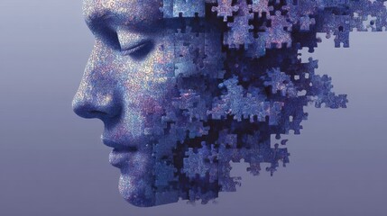 Abstract Representation of Human Face with Puzzle Pieces in Blue Tones