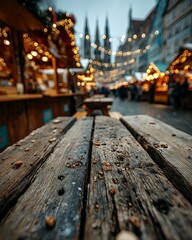 Fototapeta premium Wooden table top with defocused Christmas market and warm bokeh lights