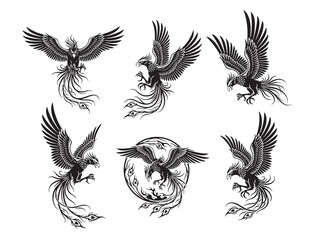 Dynamic black and white depictions of the mythical Phoenix bird in various powerful flight poses, symbolizing rebirth and fire.