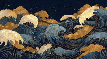 Elegant Stylized Ocean Waves with Gold Accents and Deep Blue Background