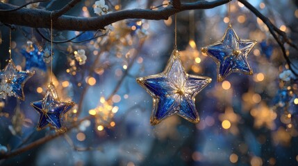Decorative Glass Stars Hanging on Tree Branches with Glowing Lights