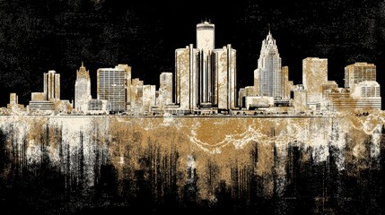 Artistic City Skyline Illustration with Gold and Black Color Palette