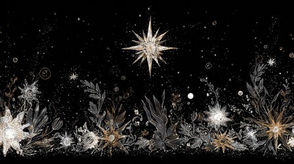 Elegant Floral Design with Stars on a Black Background