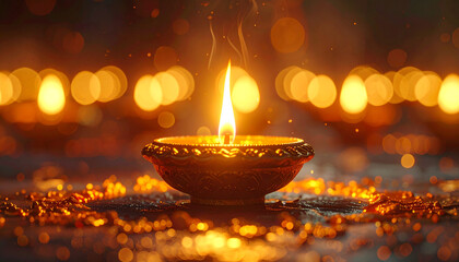 Golden Ember of Tradition: Warm, inviting image of a single, glowing oil lamp, radiating a soft, inviting glow amidst a sea of golden bokeh, celebrating light and cultural heritage.