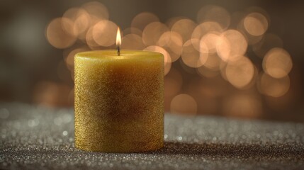 Golden Candle with Flame Against a Blurred Romantic Background