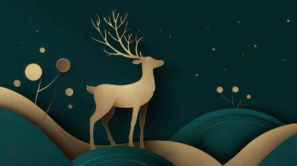 Elegant Reindeer Silhouette on a Dark Green Background with Gold Accents
