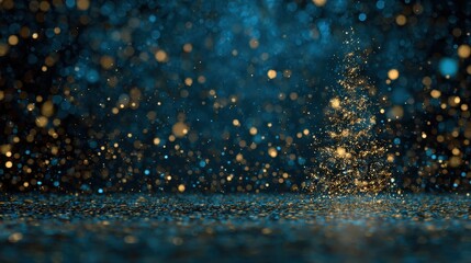 Sparkling Blue Background with Glimmering Golden Bokeh Effect