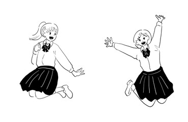 ジャンプする女子高生の手書きイラスト（白黒・線画）