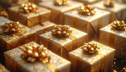 Golden Gift Treasures: A meticulously arranged display of elegant gold gift boxes, each adorned with a luxurious ribbon, creating an atmosphere of anticipation and celebration. 