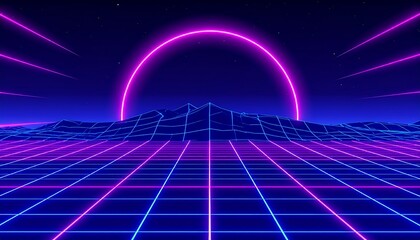 Retro Wave Landscape with Neon Sun and Grid.