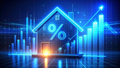 An illuminated icon of a house enclosing a percentage mark, held aloft by a hand, with dynamic blue arrows and growing bar graphs encircling it, signifying the surge in home loan interest.