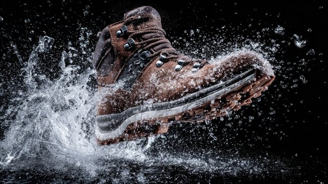 A brown hiking boot splashing through water against a black background. - Powered by Adobe