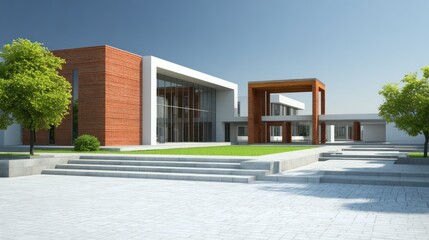 A modern, minimalist building with a glass facade and brick accents, set against a clear blue sky with a few scattered clouds.