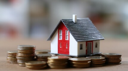 A miniature house model with a red roof and white walls, placed on a stack of coins on a wooden surface.
