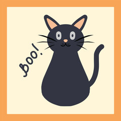 A cute black cat with the word &ldquo;Boo!&rdquo; for a playful Halloween vibe.