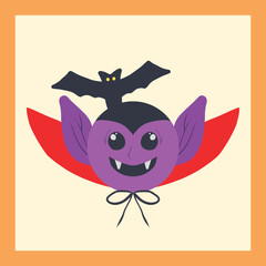 A purple little vampire with a red cape and tiny bats above its head.