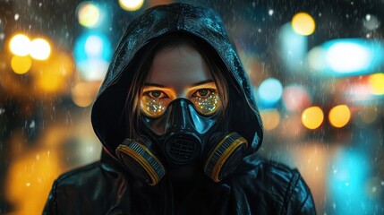 Person wearing a gas mask in a rainy night setting