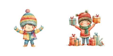 happy kid celebrating christmas watercolor vector illustration