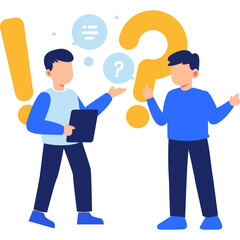 Two Young Men Discussing With Speech Bubbles and Question Mark on Transparent Background