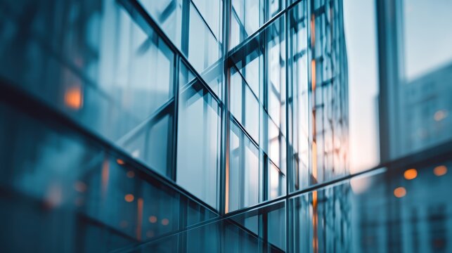 Modern glass building facade reflecting city lights and sky, creating an abstract, geometric urban scene at sunset