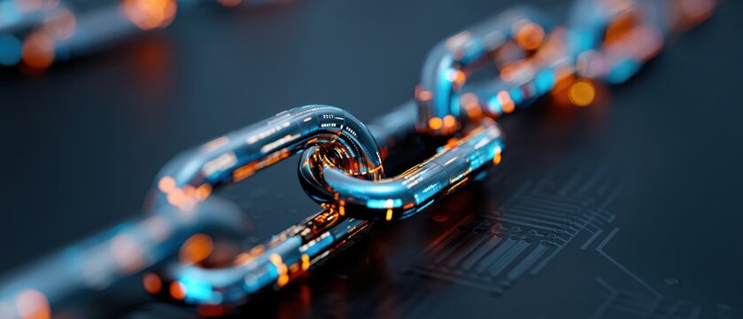 A digital chain with glowing blue and orange segments represents blockchain technology and secure digital connections