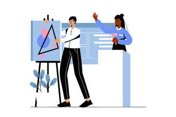 Two People Presenting Abstract Geometric Art at Auction Isolated on Transparent Background