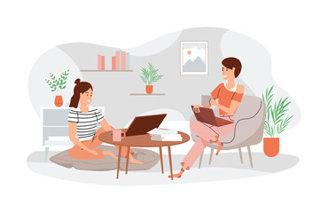 Two People Working from Home in Light Filled Living Room with Laptop on Round Table and Potted Plants Transparent Background