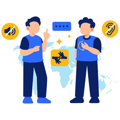 Two People Standing Near Blue World Map with Sign Language Symbol Celebrating International Day of Sign Languages in Blue and Yellow Flat Design