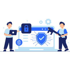 Two People Securing Website Security with Lock and Key on Laptop in a Light Blue Color Theme on Transparent Background